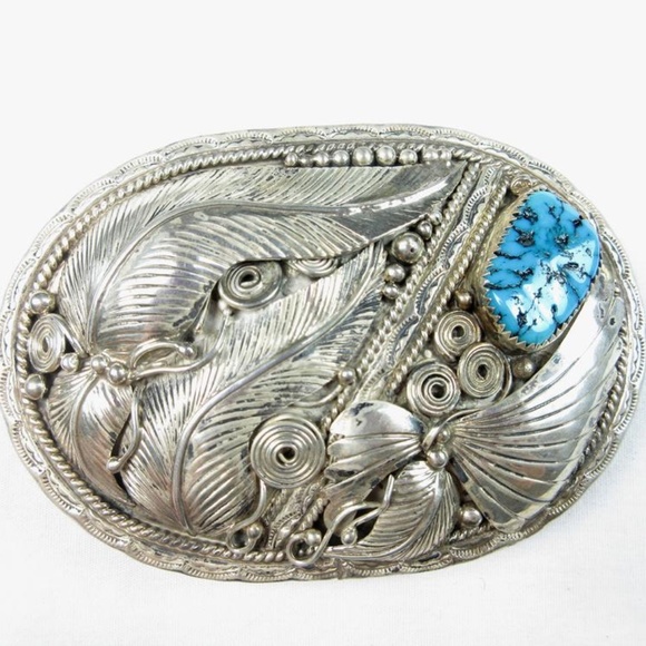 VTG  Signed Navajo Silver Turquoise Belt Buckle - Picture 4 of 10